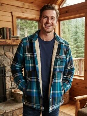 American Eagle Blue Plaid Sherpa Lined Flannel Shacket Jacket Size Large NWOT